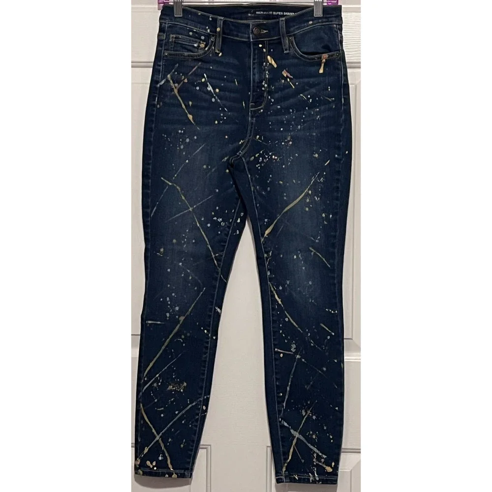 NY&C Junior's High-Waist Super Skinny Ankle Splattered Yellow White Jeans Size 8